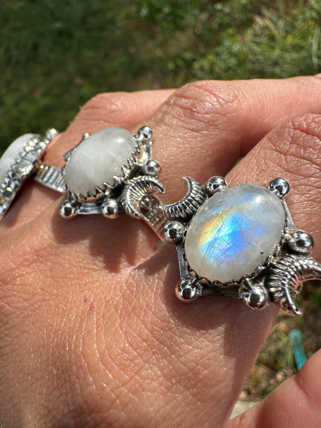 Triple Moon Goddess Rainbow Moonstone rings
