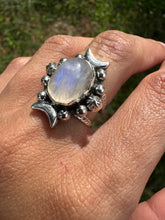 Load image into Gallery viewer, Triple Moon Goddess Rainbow Moonstone ring
