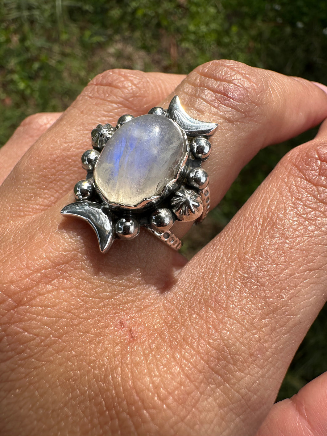 Triple Moon Goddess Rainbow Moonstone ring