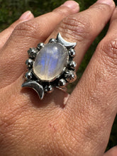 Load image into Gallery viewer, Triple Moon Goddess Rainbow Moonstone ring
